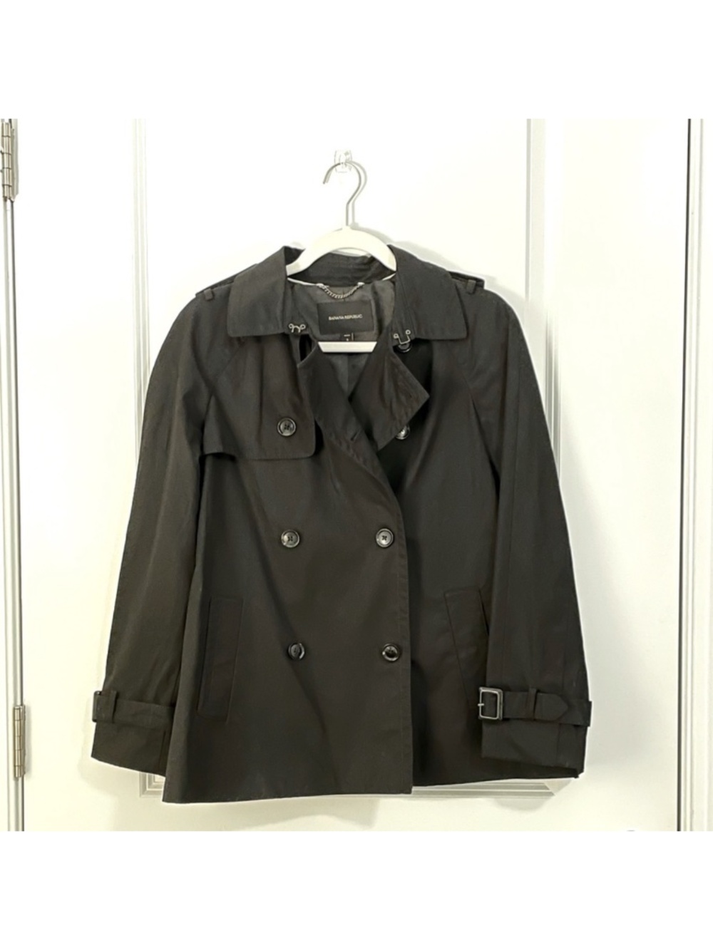 Petite Banana Republic Black Double-Breasted Short Trench Coat